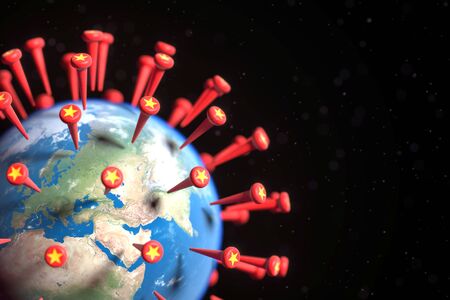 Planet in the form coronavirus 2019-nCoV with stars at the ends of receptors. Threat over the...