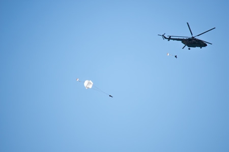 skydiver jumping from a helicopter at high altitudeの写真素材