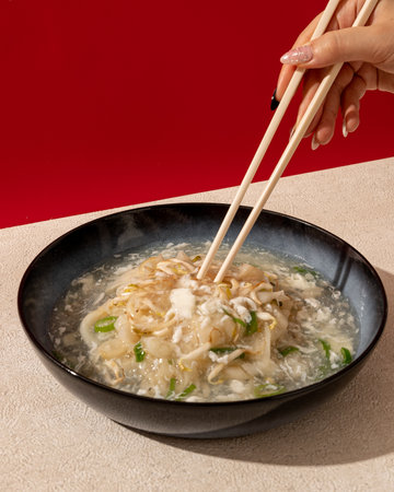 Typical Asian kwetiaw is served drizzled with spice sauce and egg