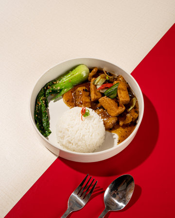 rice served with gourami fish and tausi tofuの写真素材