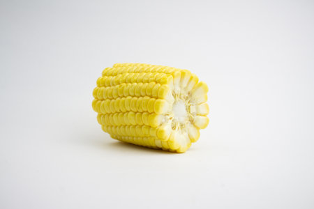 Cracked sweet corn. fresh corn. isolated on white backgroundの写真素材