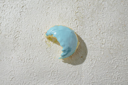 Bitten mini donut with a bite mark visible, set against a textured white background, suggesting taste and textureの写真素材