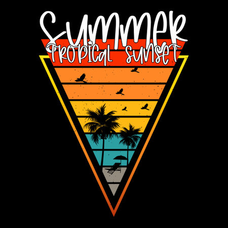 Summer beach design with palm tree, sun, surfboard and lettering.のイラスト素材