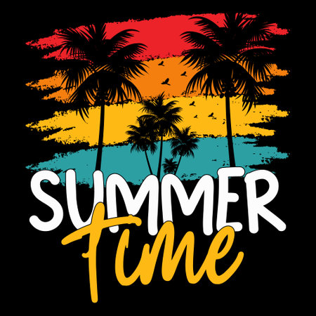 Summer time lettering with palm trees. Hand drawn vector illustration.のイラスト素材