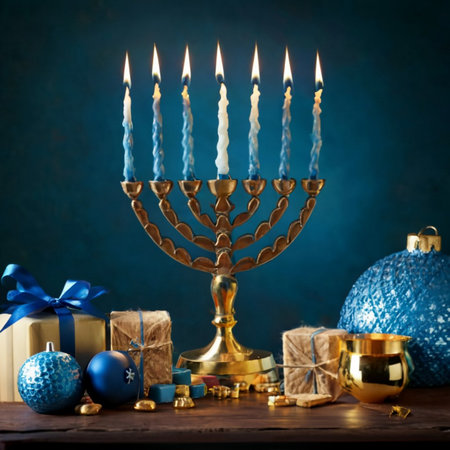 Jewish holiday Hanukkah background with menorah (traditional candelabra) and giftsの素材