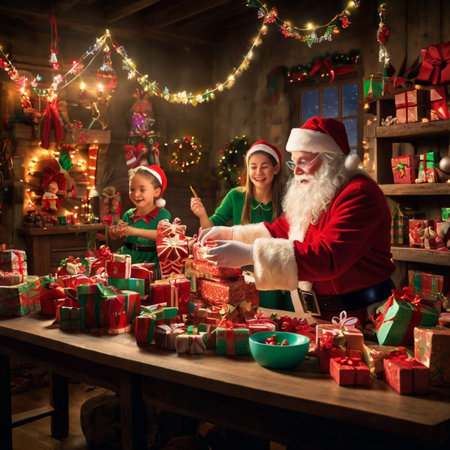 Santa Claus giving gifts to children in a room decorated for Christmas.の素材