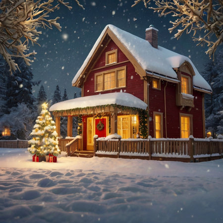 Beautiful red wooden house with christmas tree and presents in the snowの素材