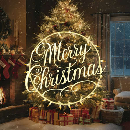 Merry Christmas greeting card. Christmas tree, gifts and fireplace in the roomの素材