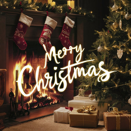 Merry Christmas greeting card with decorated fireplace and christmas socks.の素材