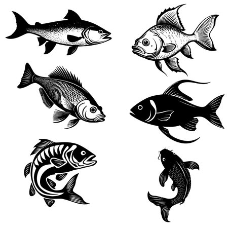 Set of fish. Black and white vector illustration. Isolated on white background.のイラスト素材