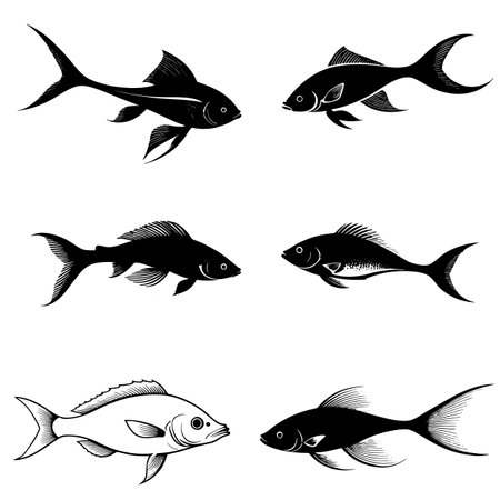 Fish icons set. Black silhouettes of fish isolated on white backgroundのイラスト素材