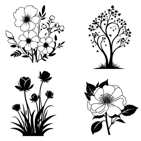 Set of black and white silhouettes of flowers and plants. Vector illustration.のイラスト素材