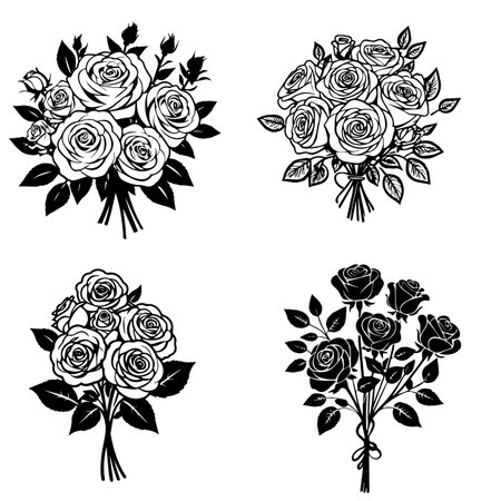 Vector set of roses. Black and white illustration. Isolated on white background.のイラスト素材