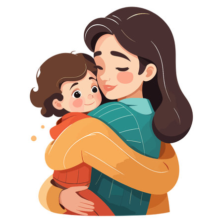 Mother and son hugging. Happy family. Vector illustration in cartoon styleのイラスト素材