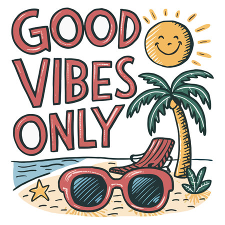 Good vibes only hand drawn lettering. Vector illustration with sun, sunglasses and palm tree.のイラスト素材