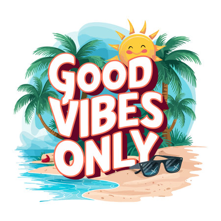 Good vibes only typography with sun and sunglasses on the beach, vector illustrationのイラスト素材