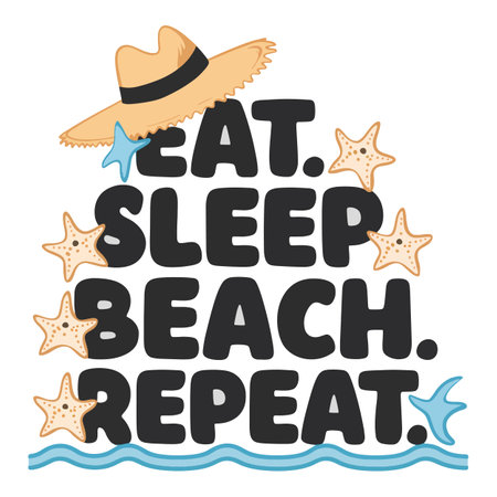 Lettering quote about sea beach with starfishes and hat.のイラスト素材