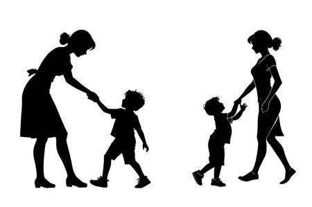Silhouette of a mother walking with her children on white backgroundのイラスト素材
