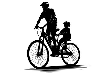 Silhouette of father and son on bicycle. Vector illustration.のイラスト素材