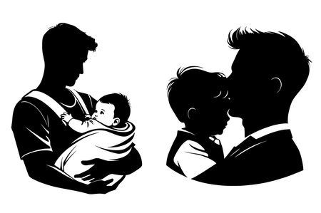 father and son with newborn baby in hands, black and white vector illustrationのイラスト素材