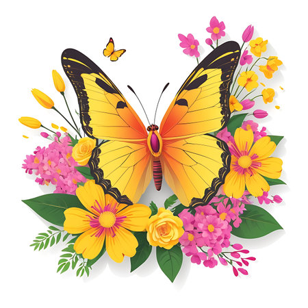 Beautiful butterfly with flowers on a white background. Vector illustration.の素材