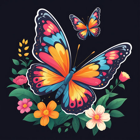Butterfly and flowers on a black background. Vector illustration.の素材