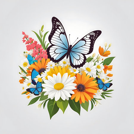 Vector illustration of a bouquet of wildflowers with butterflies.の素材