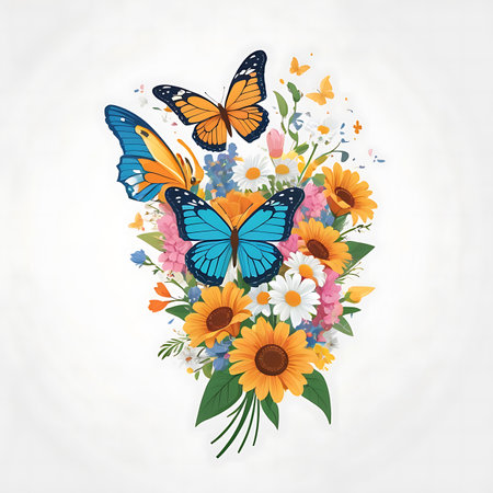Bouquet of flowers with butterflies on a light background. Vector illustration.の素材