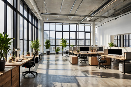 Interior of modern open space office with large windows and city viewの素材