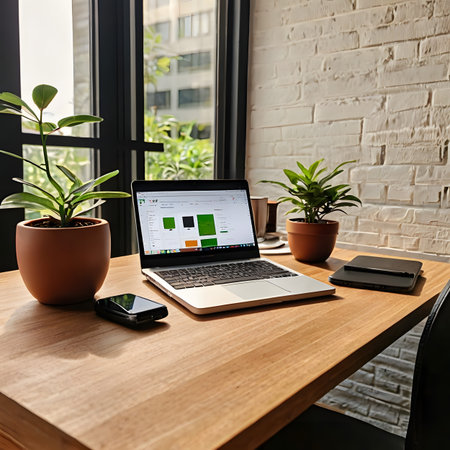 Workplace with laptop, smartphone and plant on wooden table in officeの素材