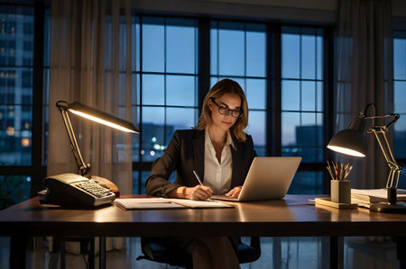 Attractive businesswoman working on laptop at night in office. Business concept.の素材