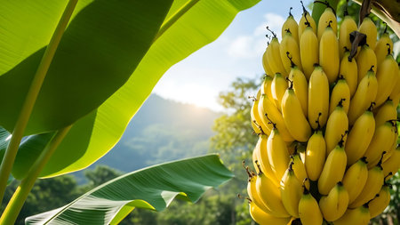 Banana tree with bunch of ripe bananas on plantation, Thailand.の素材