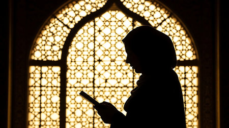 Silhouette of muslim man reading holy quran in mosqueの素材