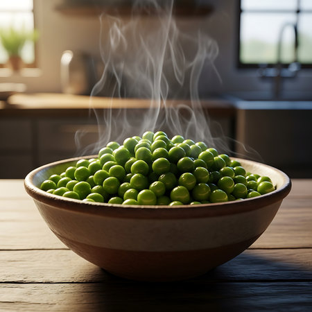 Green peas in a bowl with steam on a wooden table in the kitchenの素材