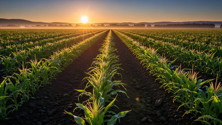 sunset over a corn field in the early morning, agricultural landscapeの素材