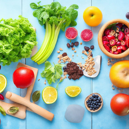 Healthy food background with fruits and vegetables. Top view with copy spaceの素材