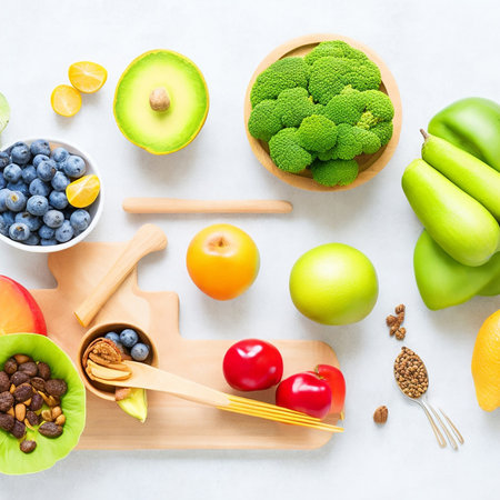Healthy eating concept. Top view of various fruits and vegetables on white background.の素材