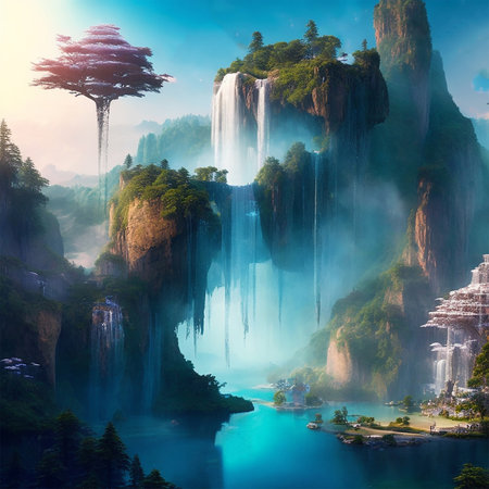 Waterfalls in the mountains at sunrise. The concept of active, ecological and photo tourismの素材