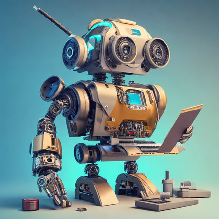3d rendering robot working with laptop computer on blue background with shadowの素材