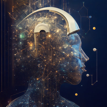 Digital illustration of a human head with a binary code in the brainの素材