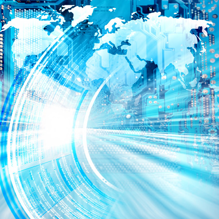 World map on a technological background, glowing lines symbols of the Internet, radio, television, mobile and satellite communications. Internet Concept of global businessの写真素材