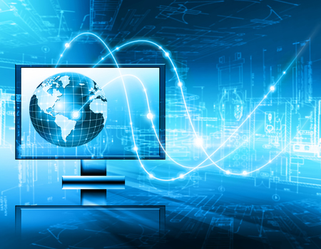 Best Internet Concept. Globe, glowing lines on technological background. Electronics, Wi-Fi, rays, symbols Internet, television, mobile and satellite communications. Technology illustrationの写真素材