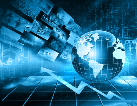 Best Internet Concept. Globe, glowing lines on technological background. Electronics, Wi-Fi, rays, symbols Internet, television, mobile and satellite communications. Technology illustrationの写真素材
