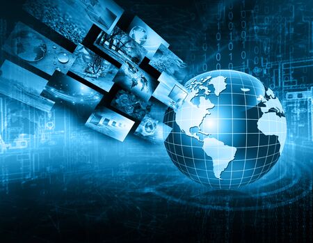 Best Internet Concept. Globe, glowing lines on technological background. Electronics, Wi-Fi, rays, symbols Internet, television, mobile and satellite communications. Technology illustrationの写真素材