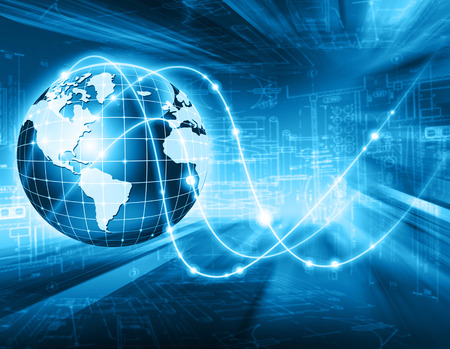 Best Internet Concept. Globe, glowing lines on technological background. Electronics, Wi-Fi, rays, symbols Internet, television, mobile and satellite communications. Technology illustrationの写真素材
