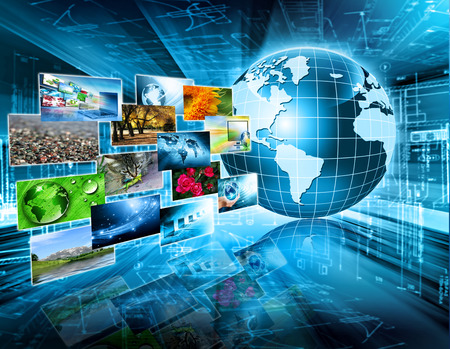 Best Internet Concept. Globe, glowing lines on technological background. Electronics, Wi-Fi, rays, symbols Internet, television, mobile and satellite communications. Technology illustrationの写真素材