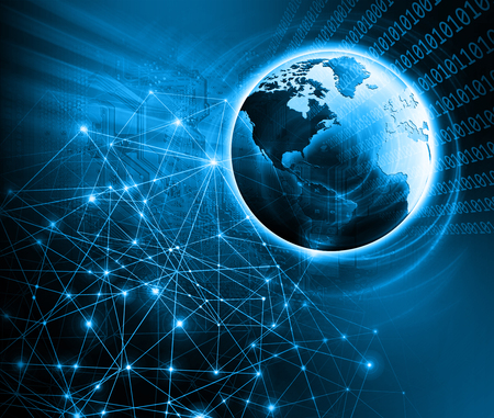 Best Internet Concept. Globe, glowing lines on technological background. Electronics, Wi-Fi, rays, symbols Internet, television, mobile and satellite communications. Technology illustrationの写真素材