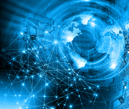 Best Internet Concept. Globe, glowing lines on technological background. Electronics, Wi-Fi, rays, symbols Internet, television, mobile and satellite communications. Technology illustrationの写真素材