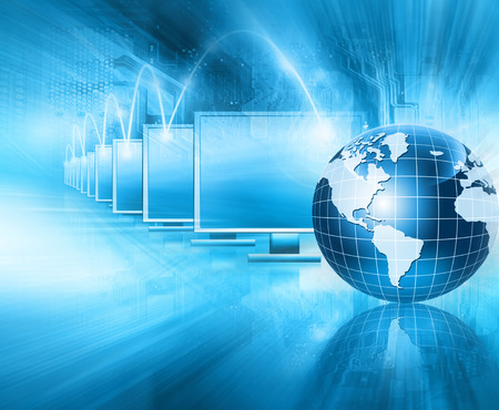 Best Internet Concept. Globe, glowing lines on technological background. Electronics, Wi-Fi, rays, symbols Internet, television, mobile and satellite communications. Technology illustrationの写真素材