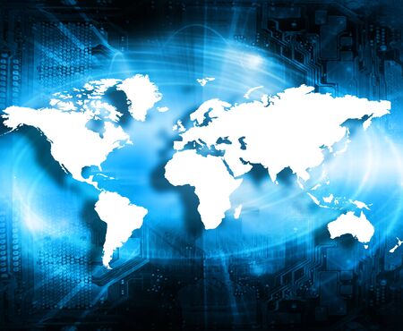 World map on a technological background, glowing lines symbols of the Internet, radio, television, mobile and satellite communications. Internet Concept of global businessの写真素材